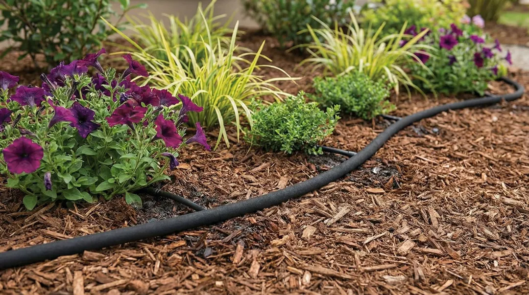 Drip irrigation soaker hose system installed in established garden perennial bed