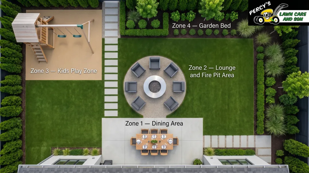 Modern backyard outdoor zones layout dividing yard into four functional rooms