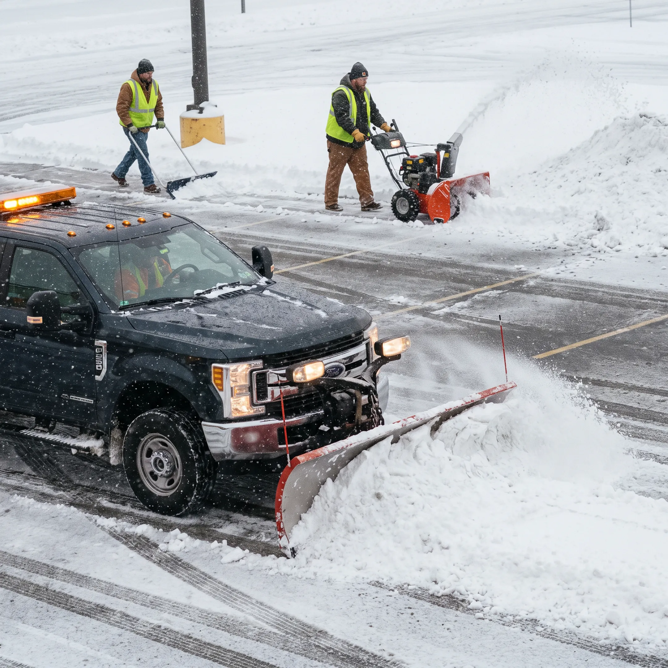 Commercial snowplow clearing a Buffalo parking lot during winter