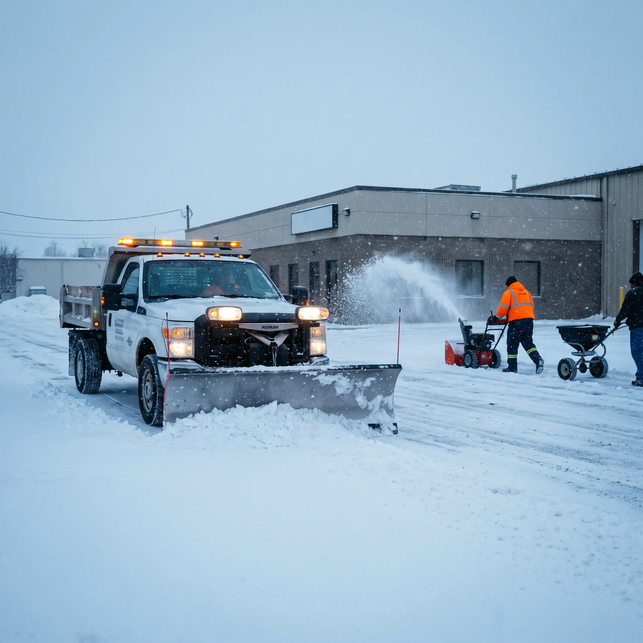 Commercial snow removal crew clearing sidewalks and parking areas