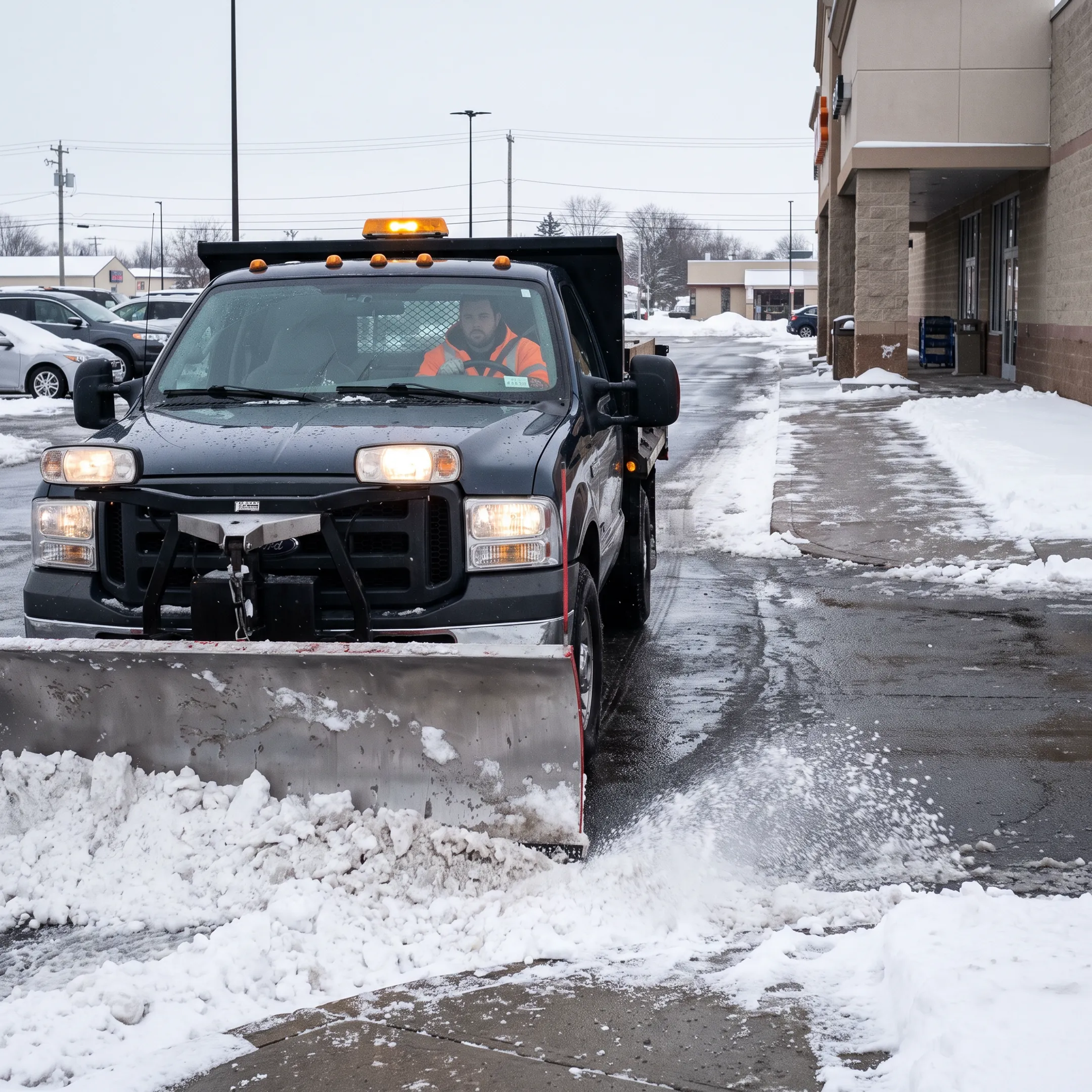 Snowplow clearing a West Seneca parking lot during a winter storm