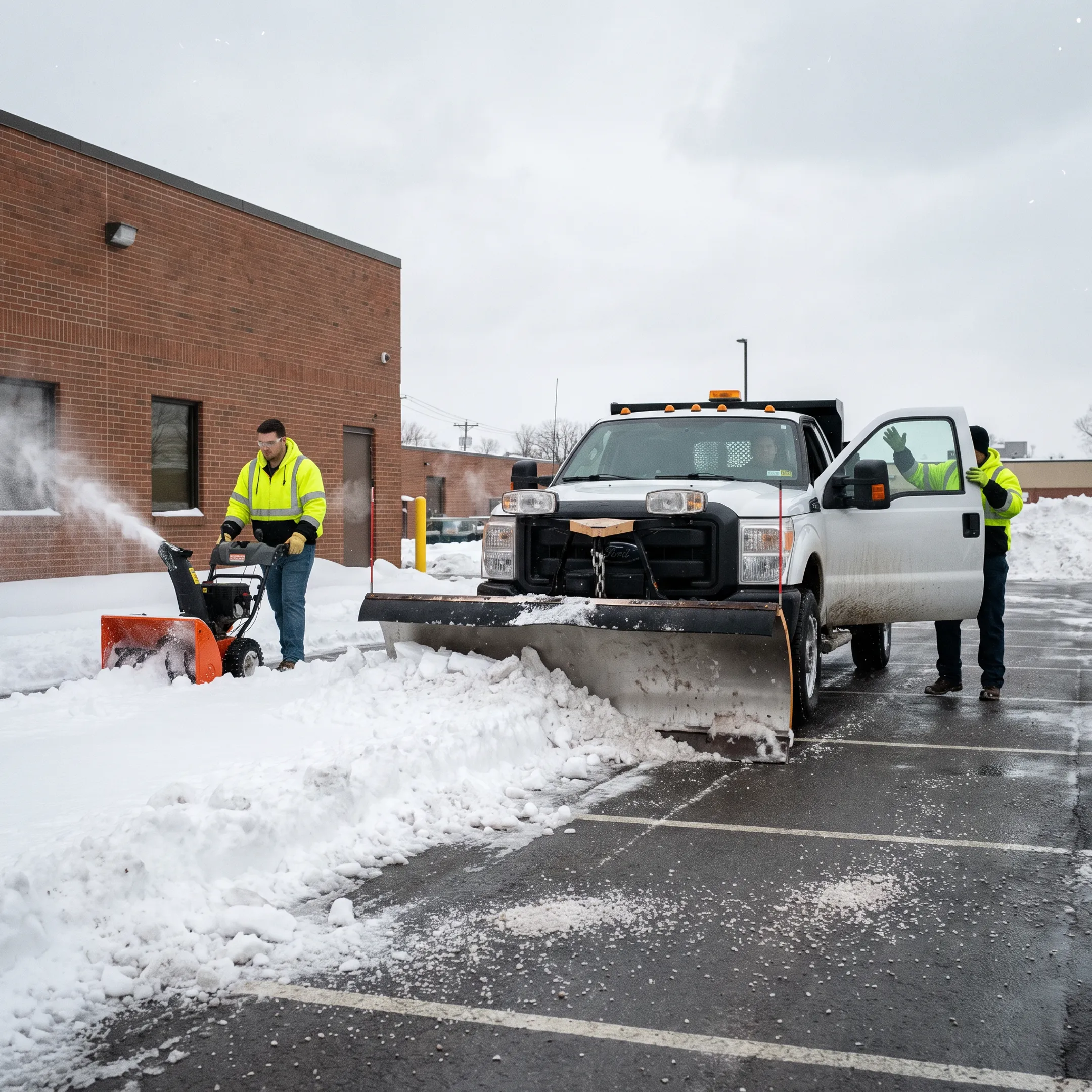 Professional crew clearing snow from a Buffalo commercial property