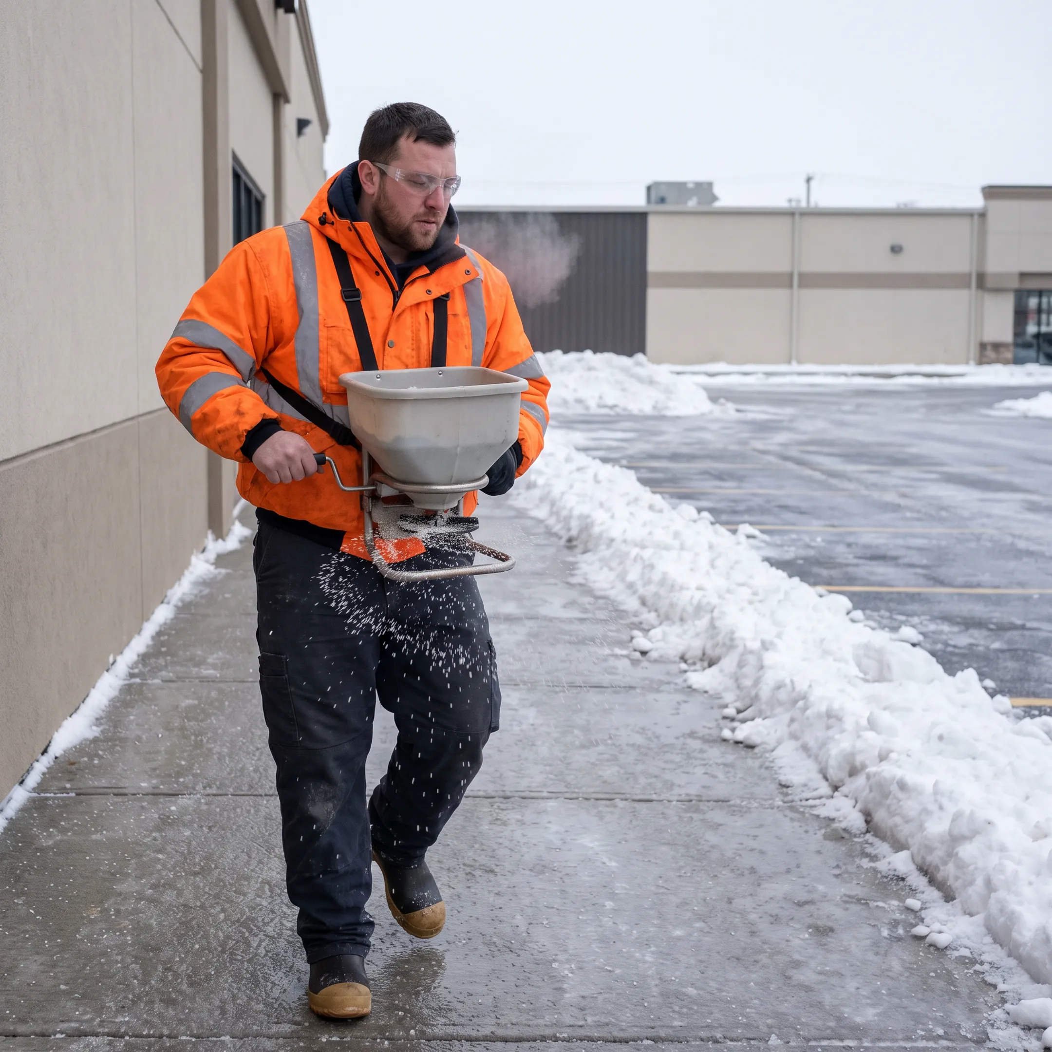 Worker applying de-icing treatment to an icy walkway