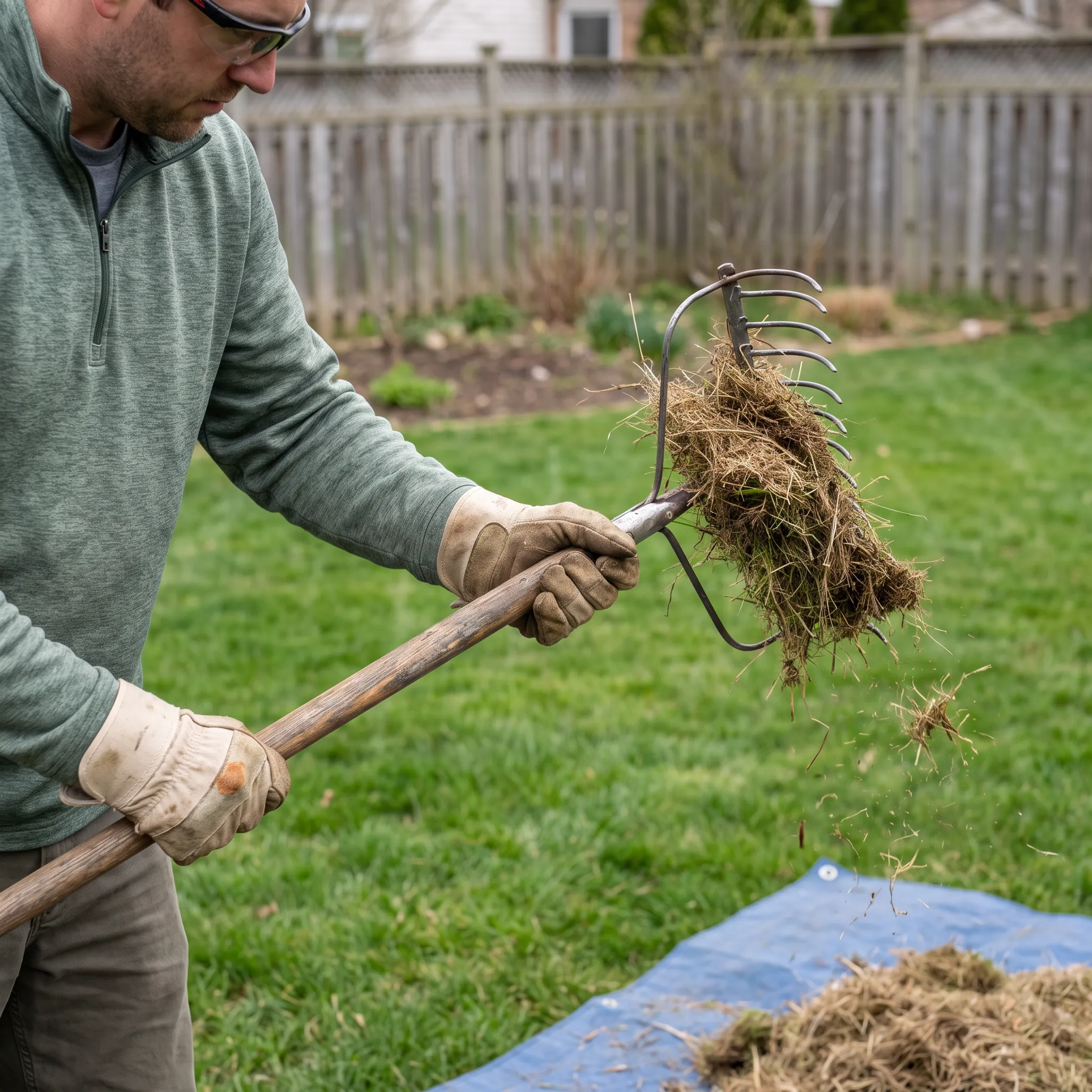 Close view of removed lawn thatch beside healthy grass