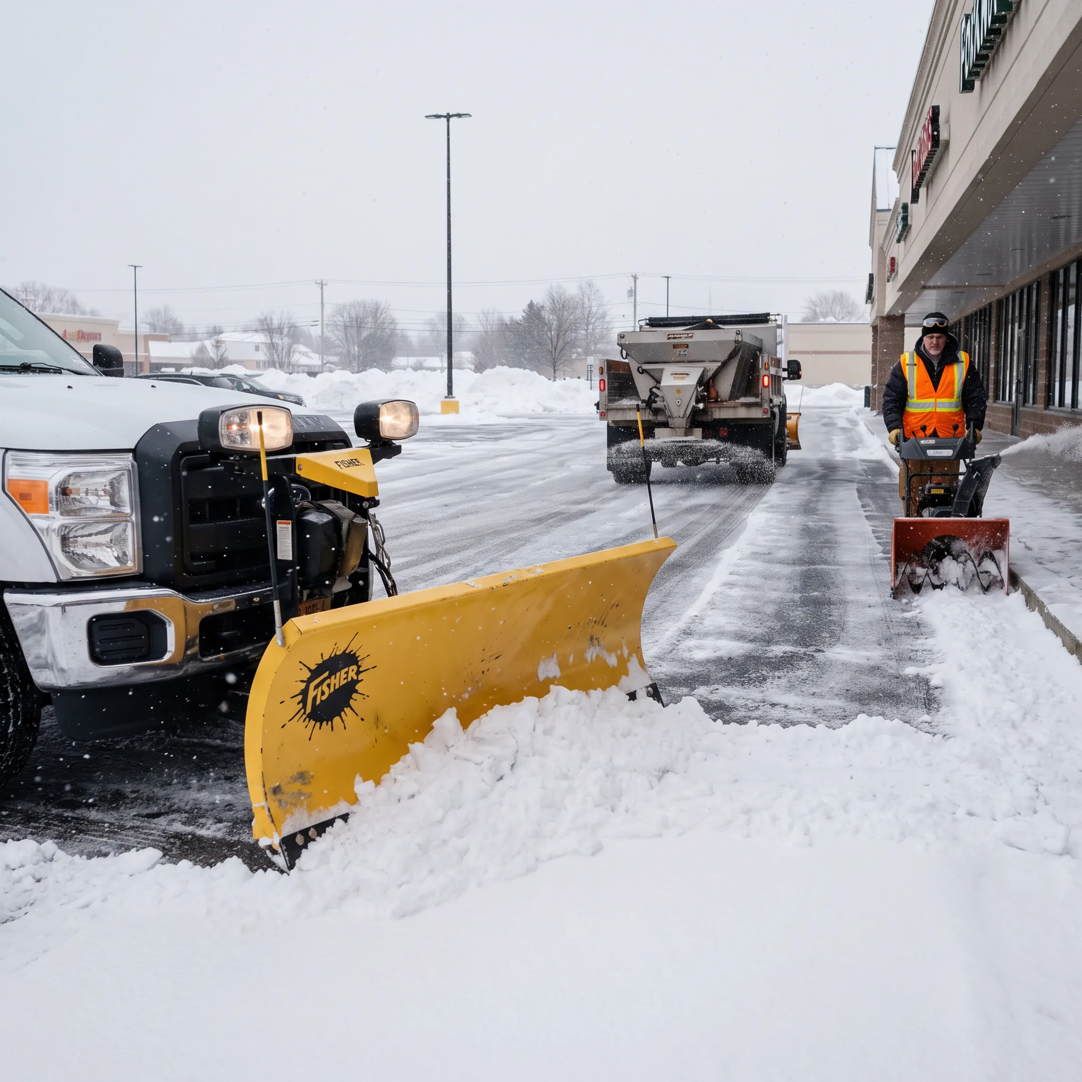 Snow removal equipment clearing a commercial property in winter