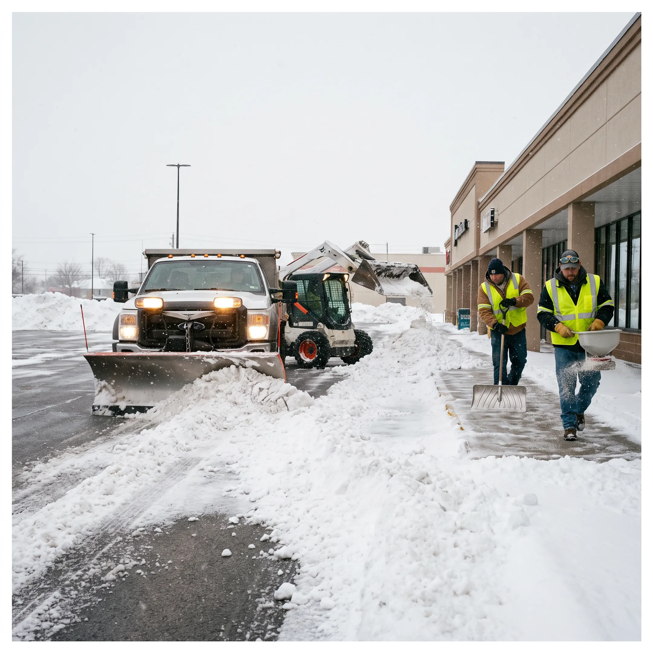 Commercial snowplow clearing a parking lot during a Buffalo winter storm