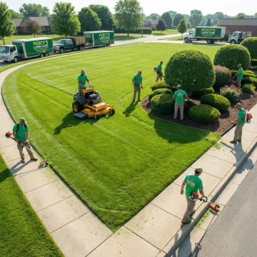 Commercial landscaping crew maintaining a business property exterior in Buffalo, NY