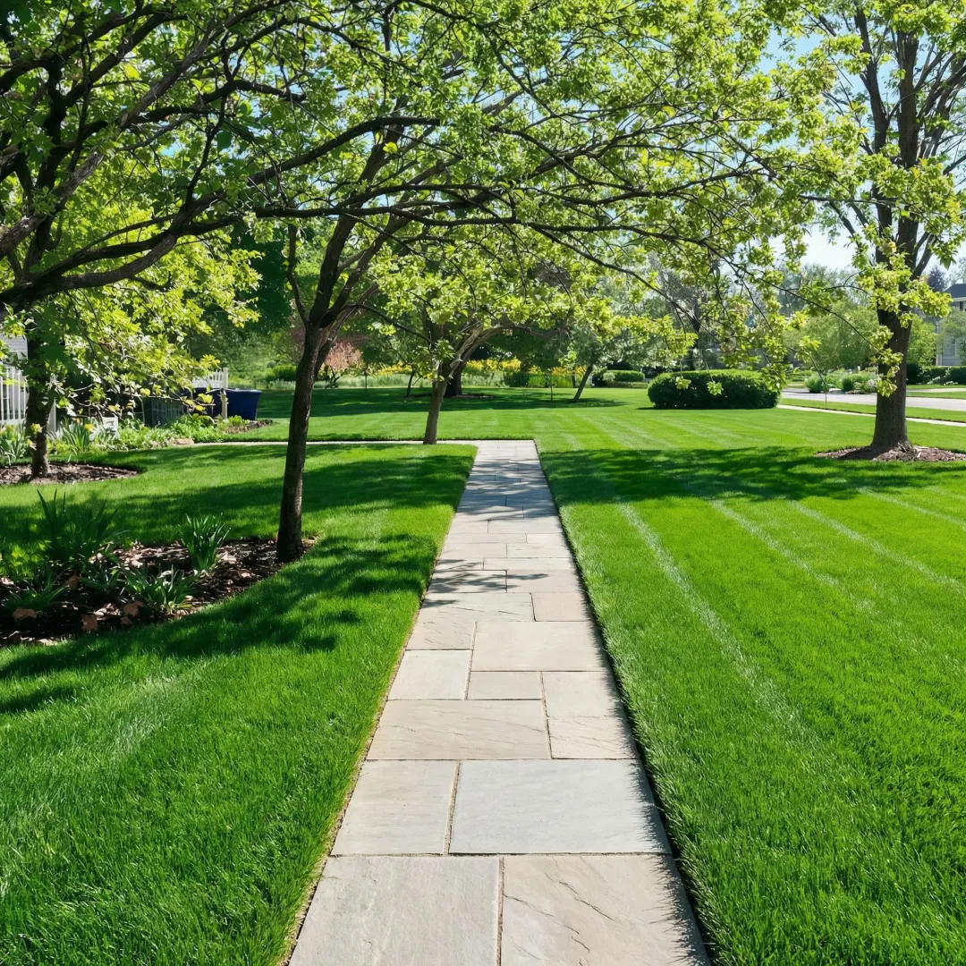 Lush, weed-free residential lawn with clean edges and vibrant green grass after professional lawn care treatment