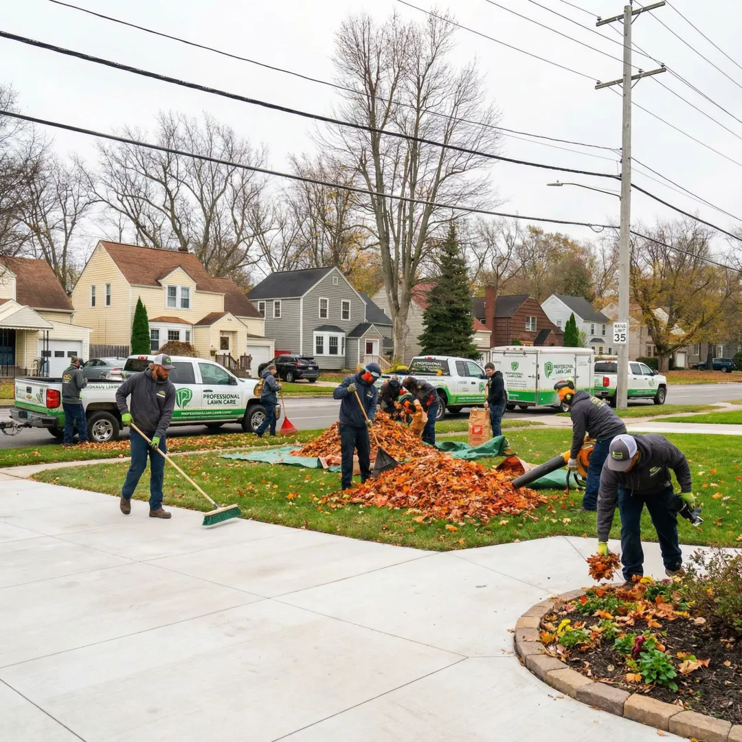 Professional fall cleanup crew raking leaves and clearing yard debris in a Buffalo residential property