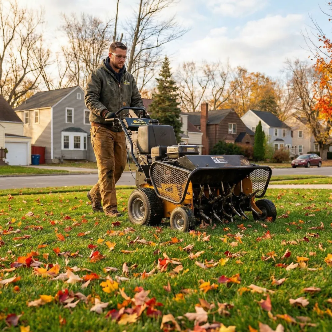 Lawn care technician aerating soil and clearing autumn debris from a residential yard before winter