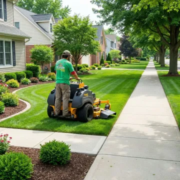 Professional lawn care technician mowing a well-maintained residential lawn in Buffalo, NY