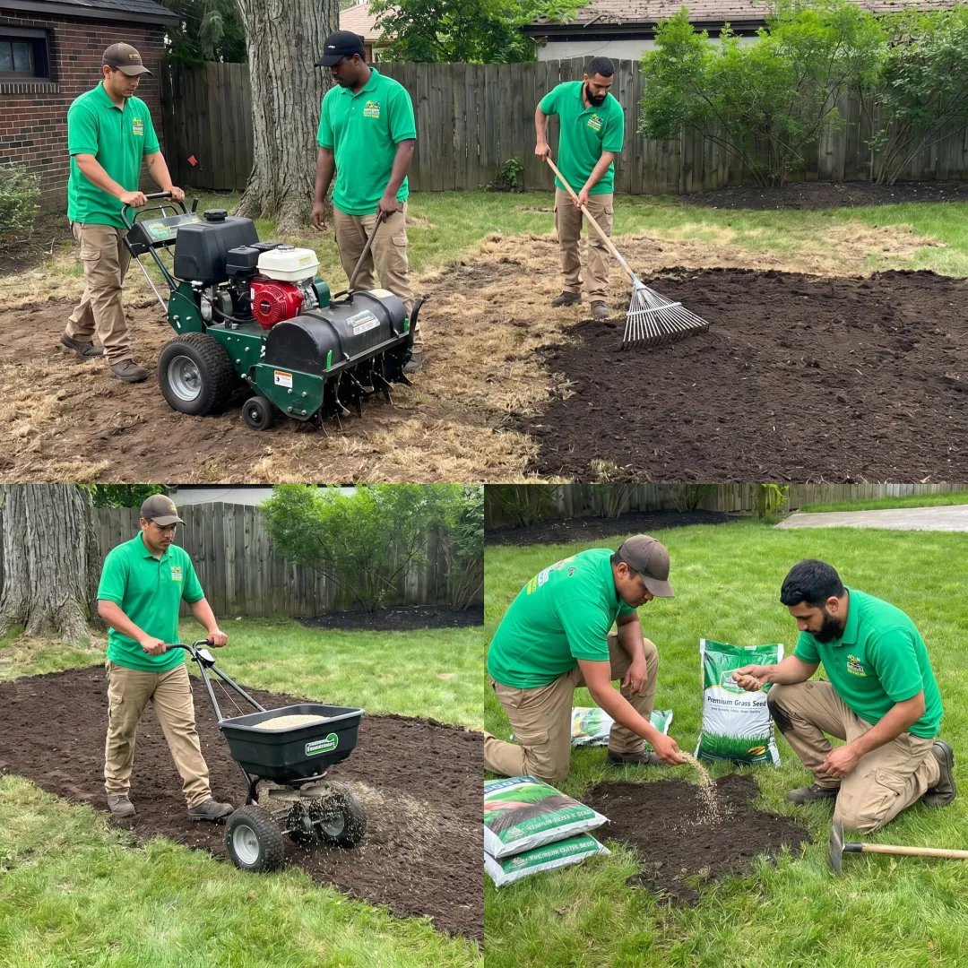 Crew restoring damaged turf with soil prep and seeding