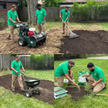 Crew restoring damaged turf with soil prep and seeding