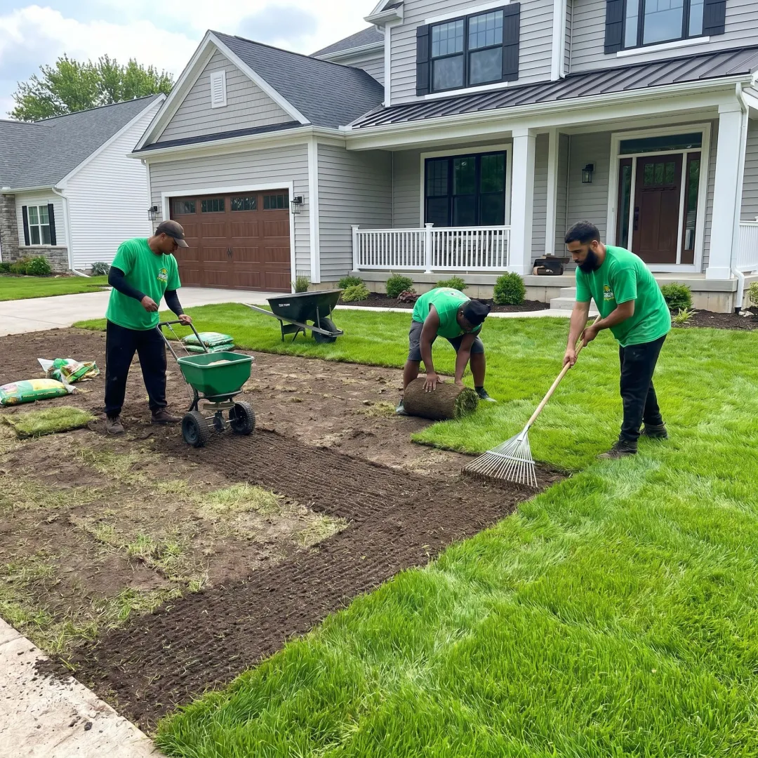 Freshly restored green lawn outside a home