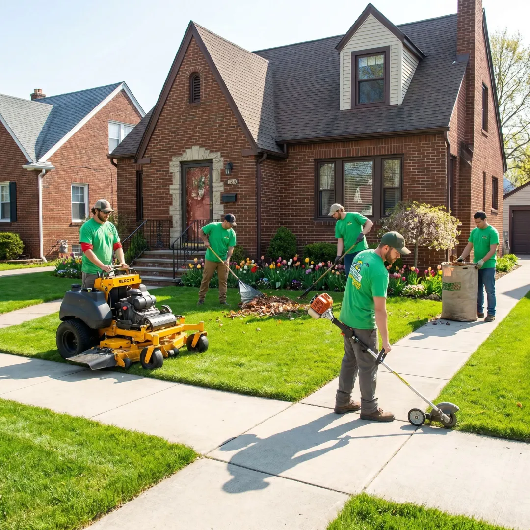 Crew performing spring lawn cleanup and mowing