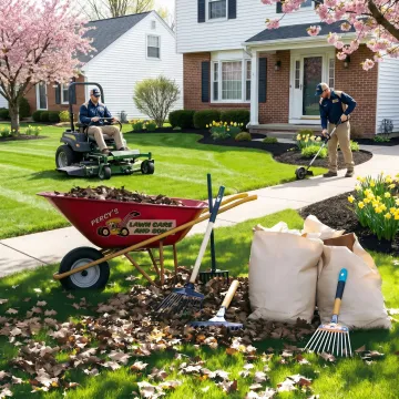 Spring lawn cleanup and mowing service on a residential yard