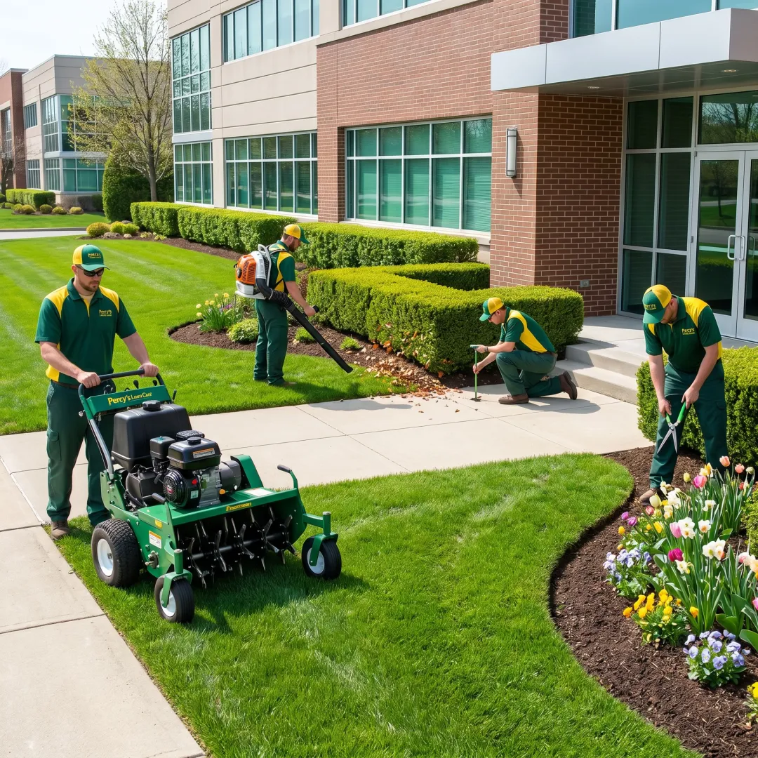 Commercial lawn crew performing spring maintenance steps