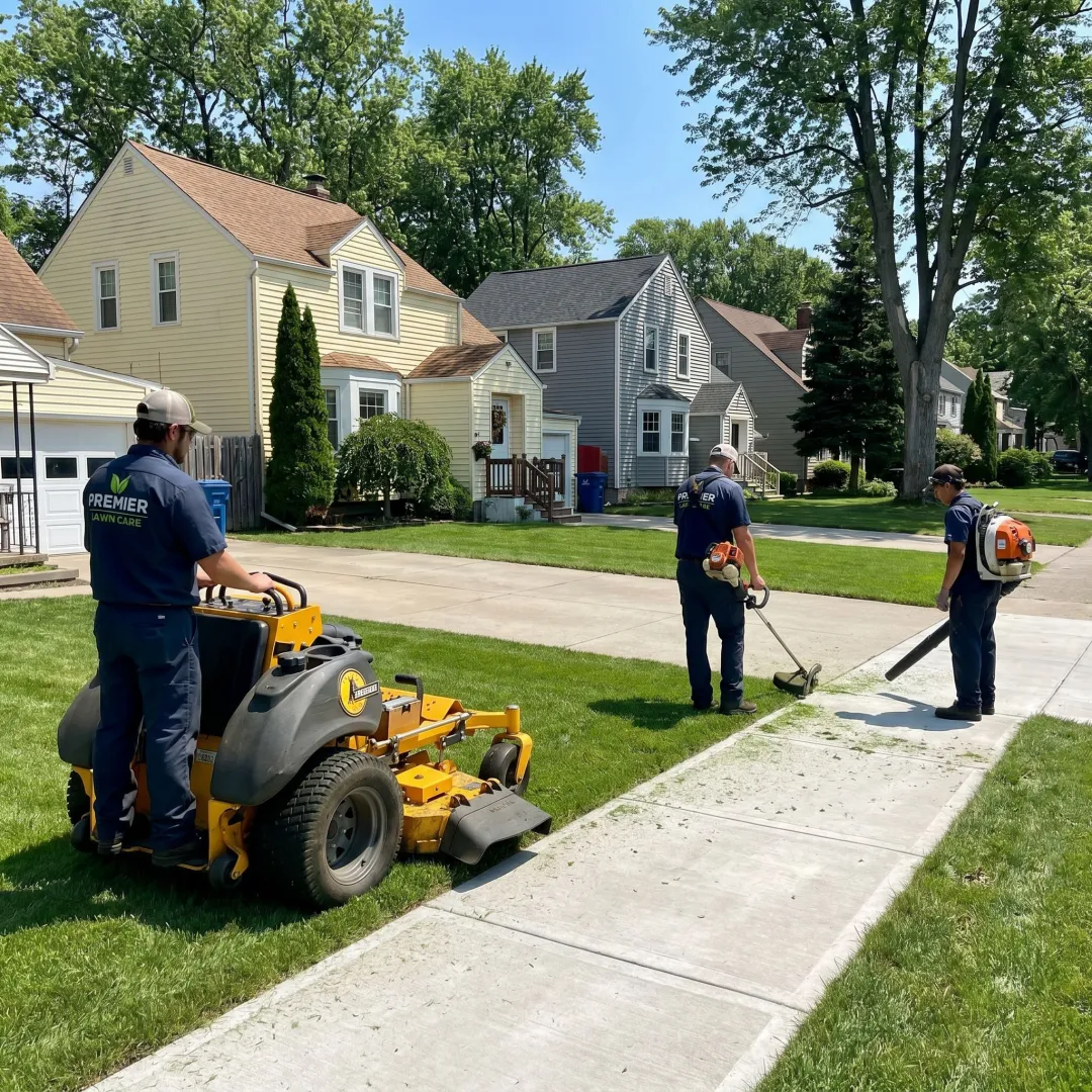Lawn care crew mowing and edging a yard