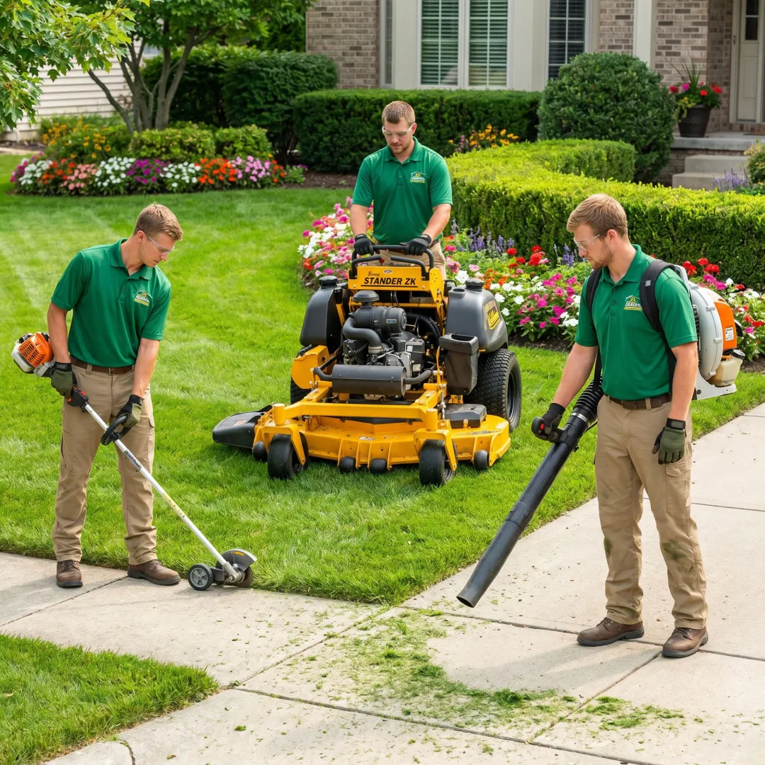 Lawn care team maintaining a neatly edged yard