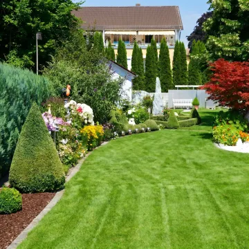 Maintained lawn and landscaped beds at a business property