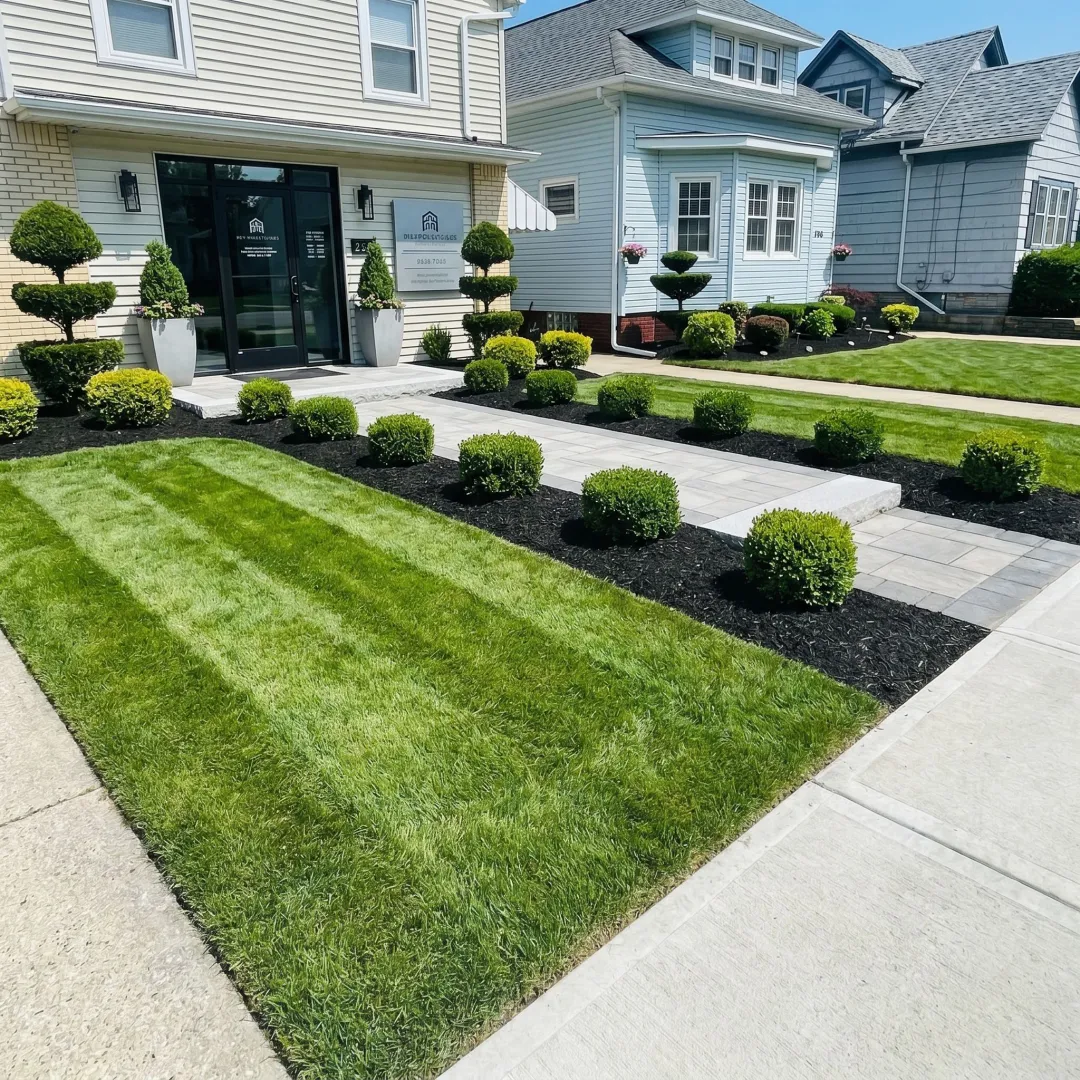 Maintained commercial lawn and landscape beds outside a business