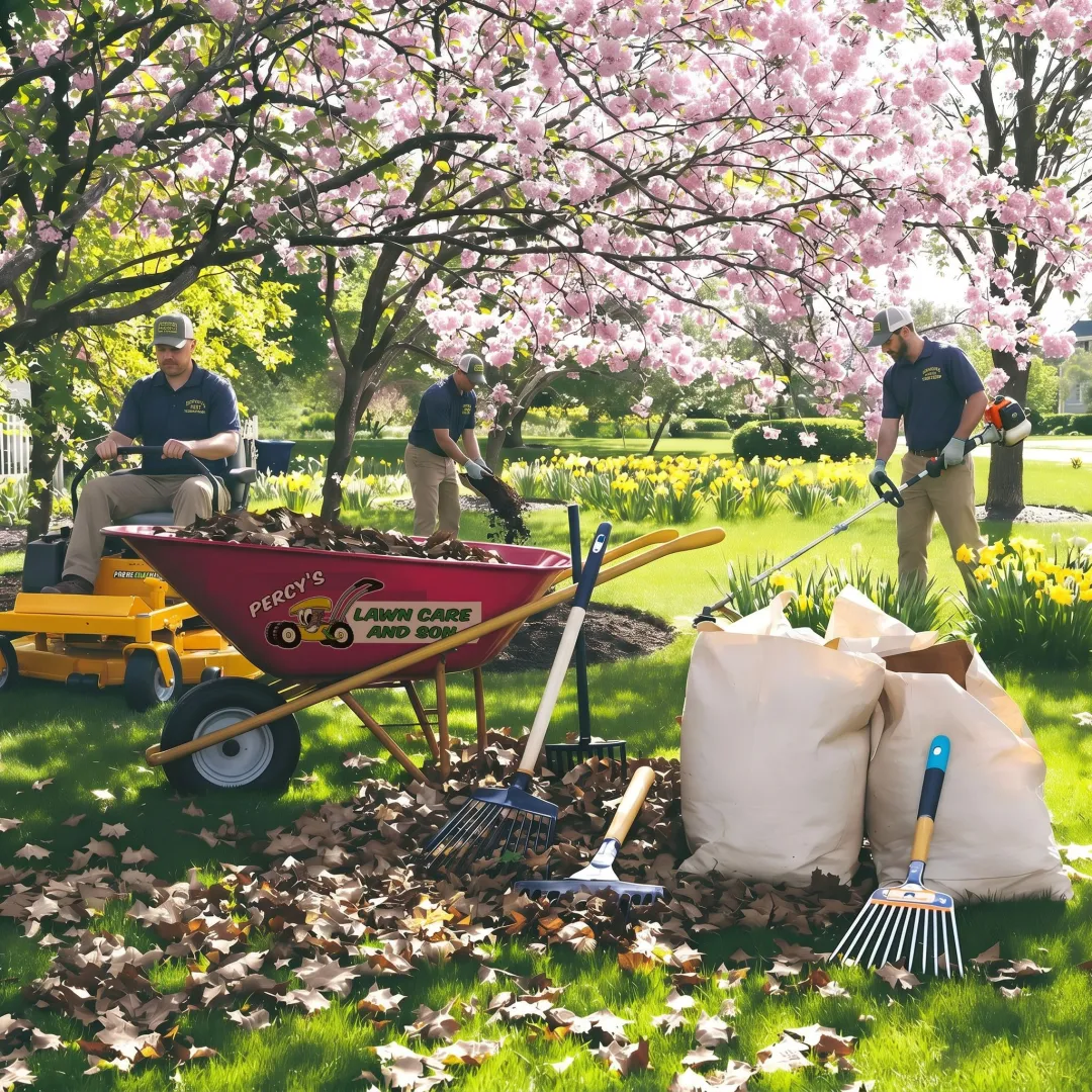 Crew performing spring lawn care