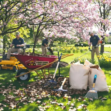 Crew performing spring lawn care