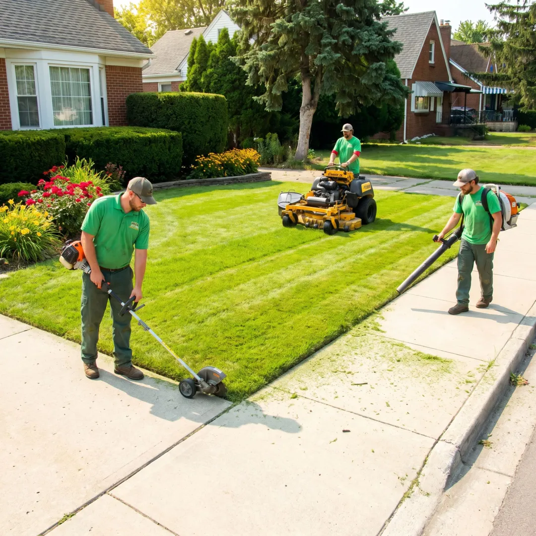 Lawn maintenance crew edging and cleaning up