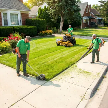 Lawn maintenance crew edging and cleaning up