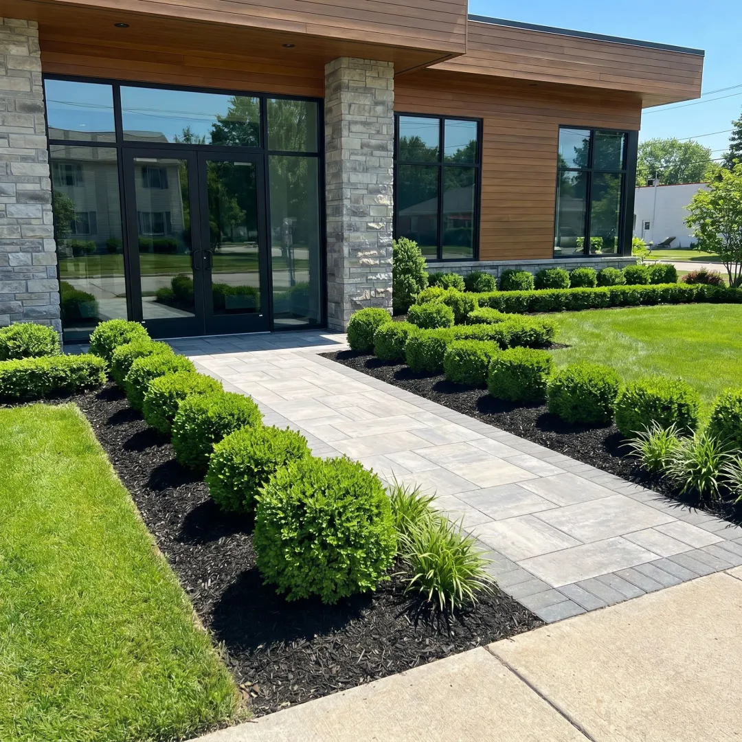 Well-maintained commercial landscape outside a business
