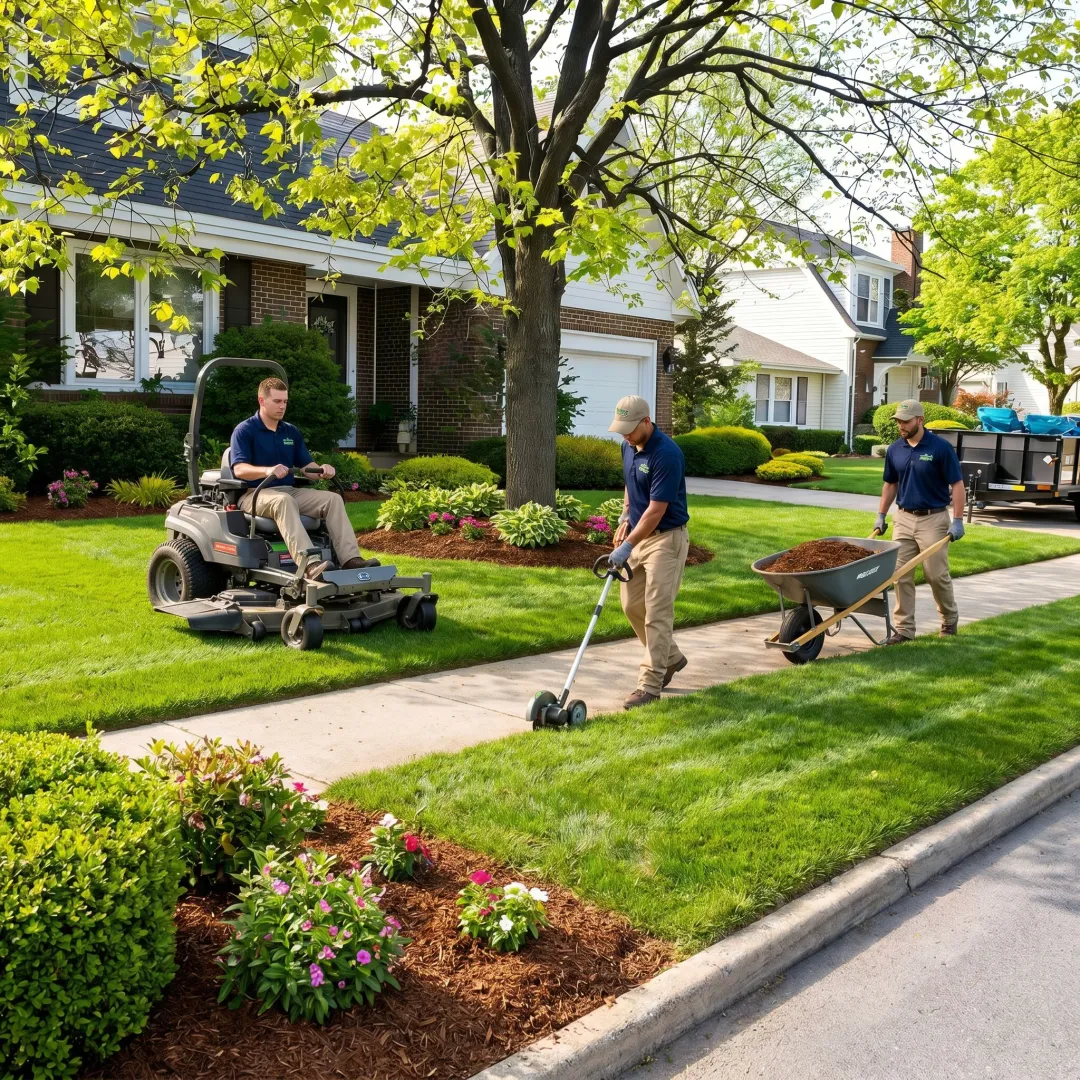 Lawn care crew improving a home's front yard appearance