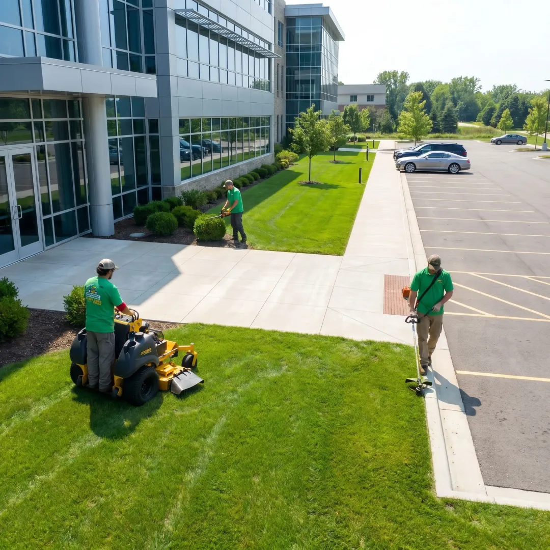 Commercial landscaping crew maintaining a business property