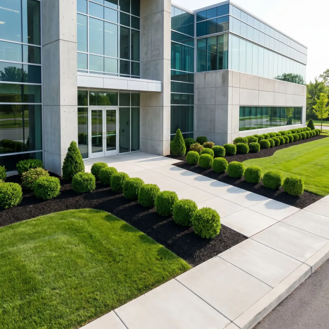 Well-maintained commercial landscape outside an office building