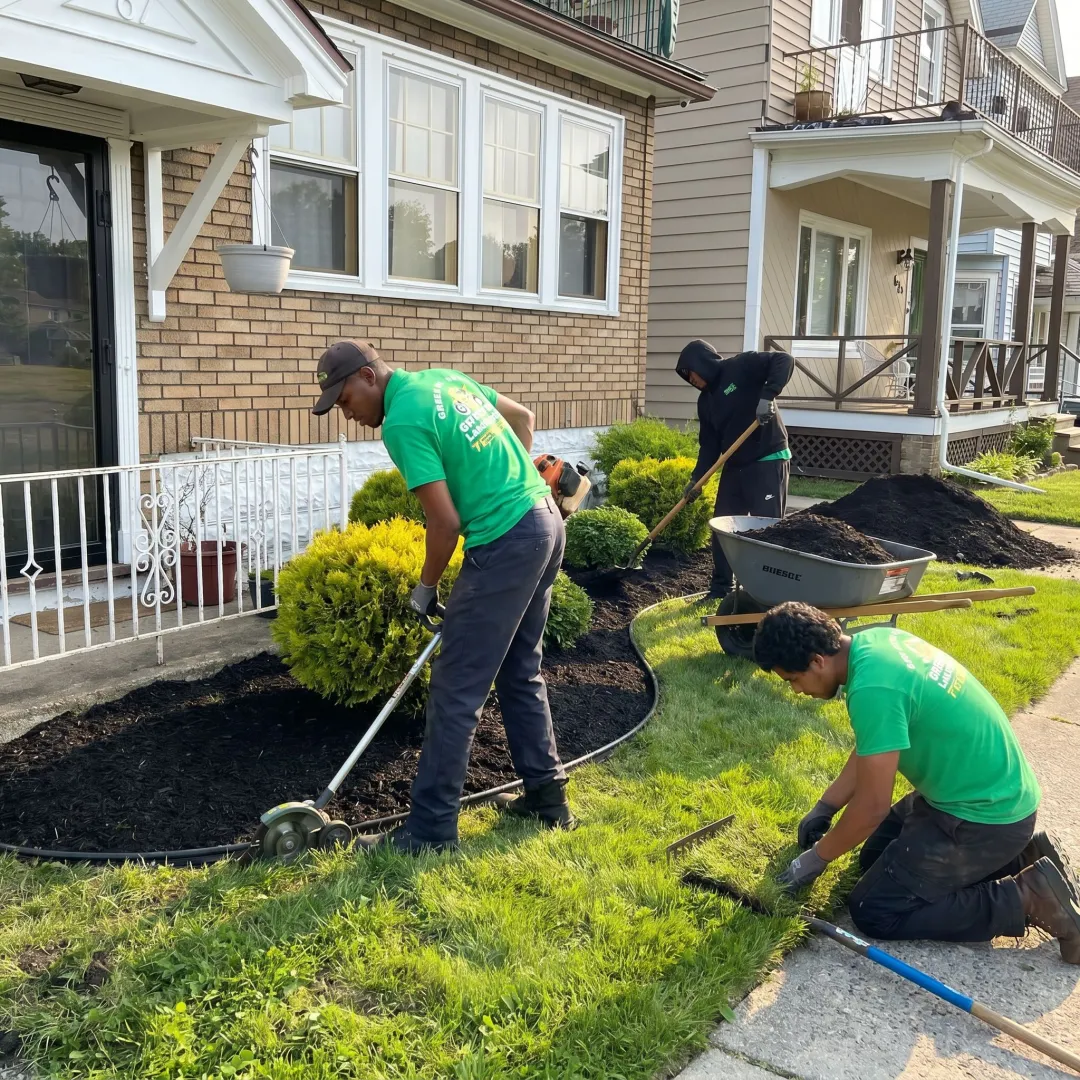 Crew restoring lawn and landscape beds
