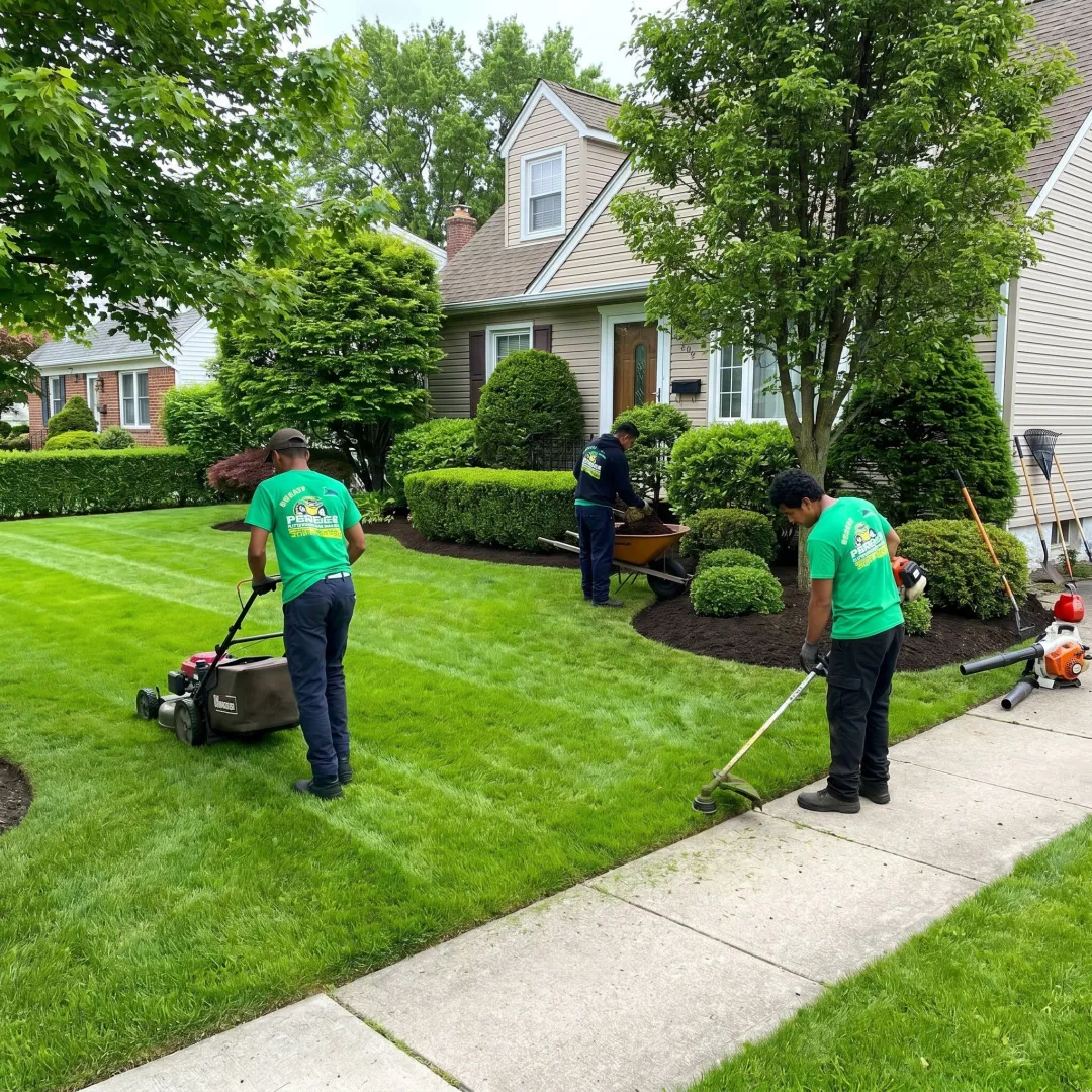 Crew performing lawn care and landscaping work