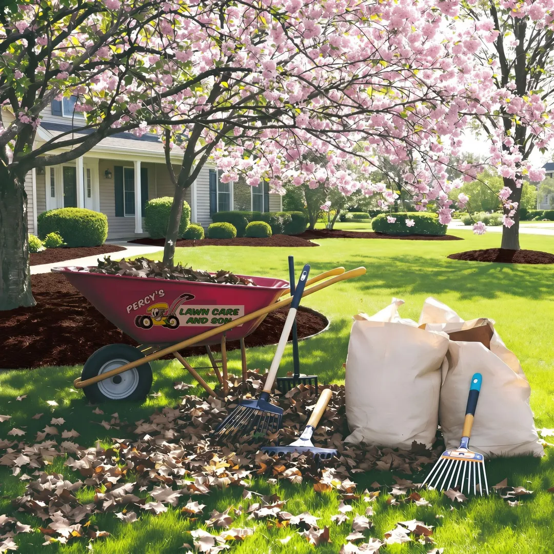 Freshly landscaped yard with mulch, shrubs, and lawn