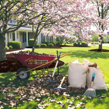 Freshly landscaped yard with mulch, shrubs, and lawn