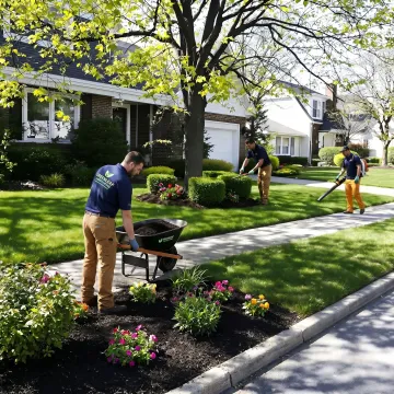 Landscaping crew improving a residential and commercial property