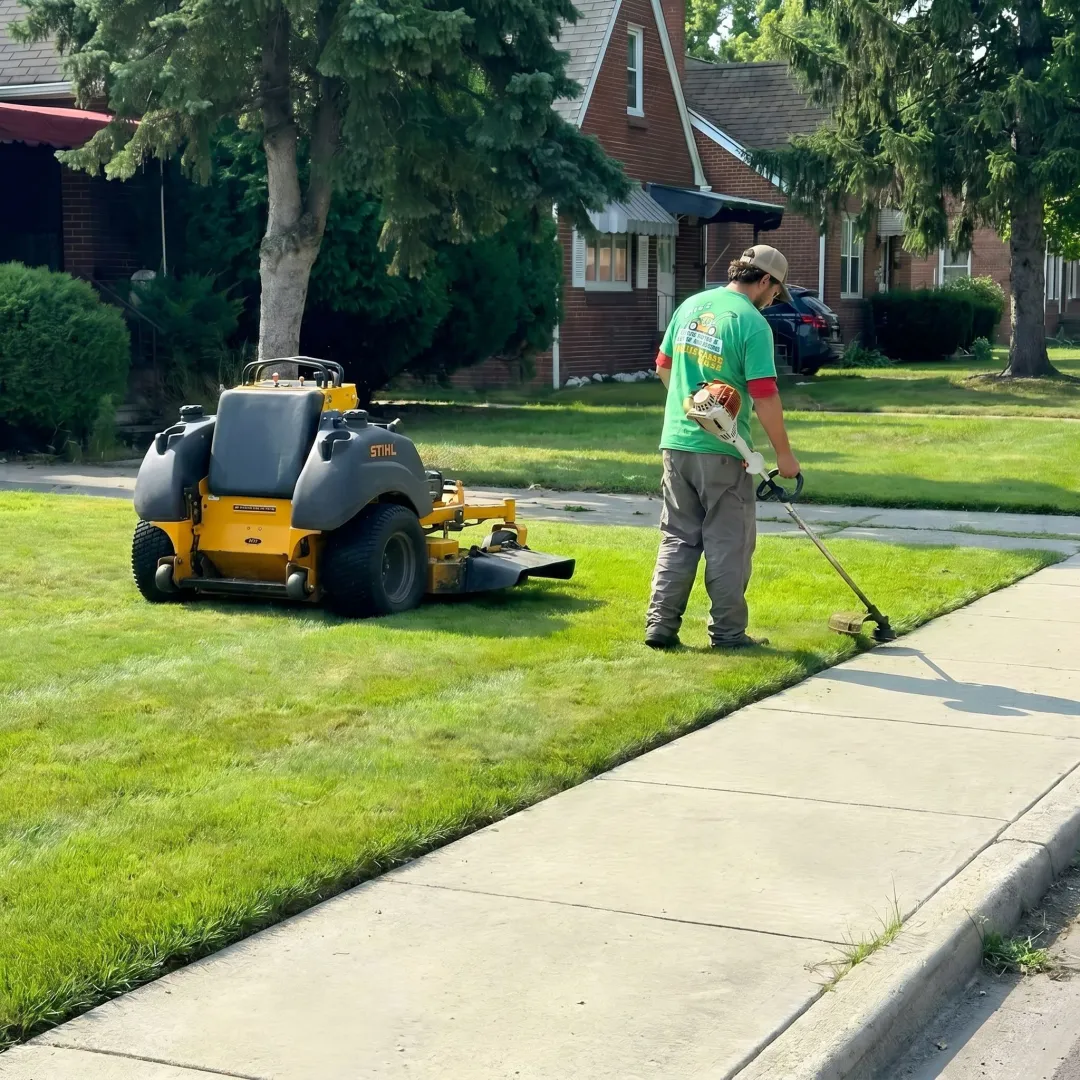 Lawn care professional mowing and edging a yard