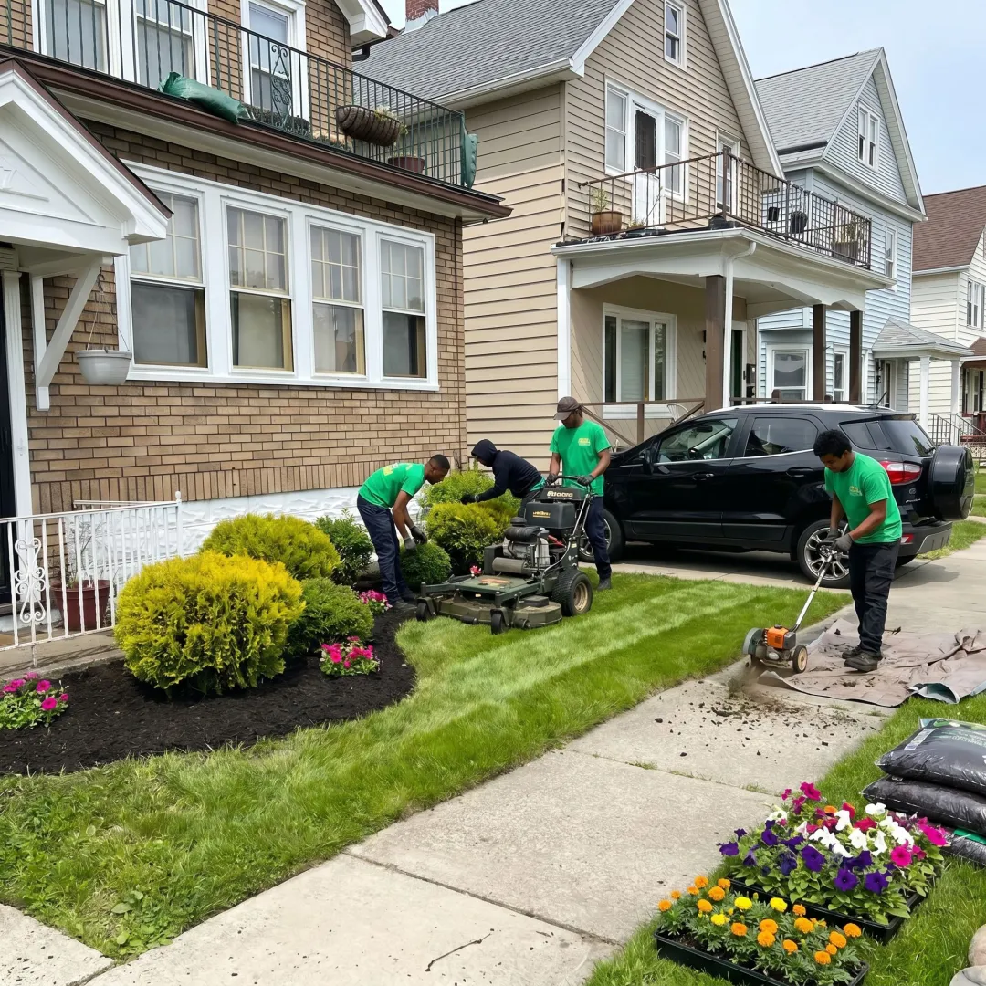 Crew maintaining lawn and landscape beds