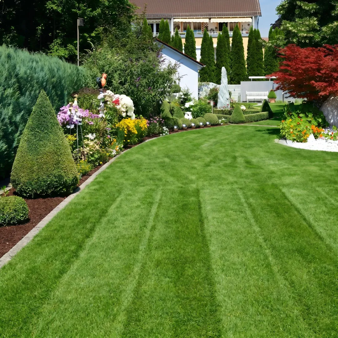 Freshly maintained lawn and landscaped front yard