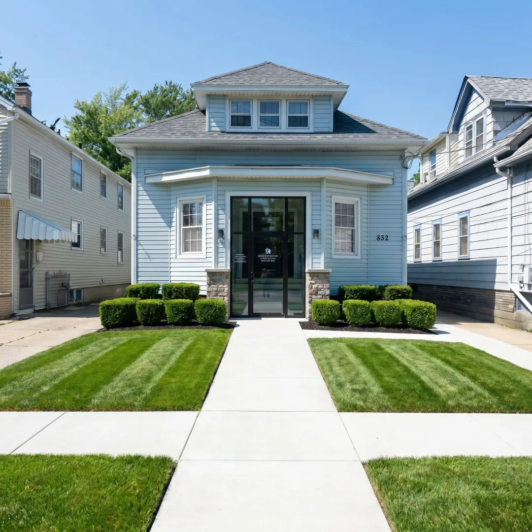 Well-maintained commercial lawn outside a business