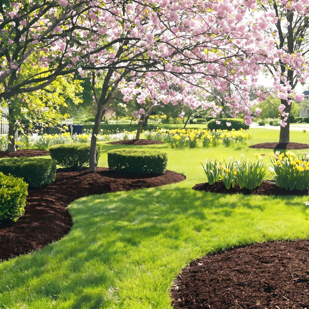 Freshly cleaned spring lawn and garden beds