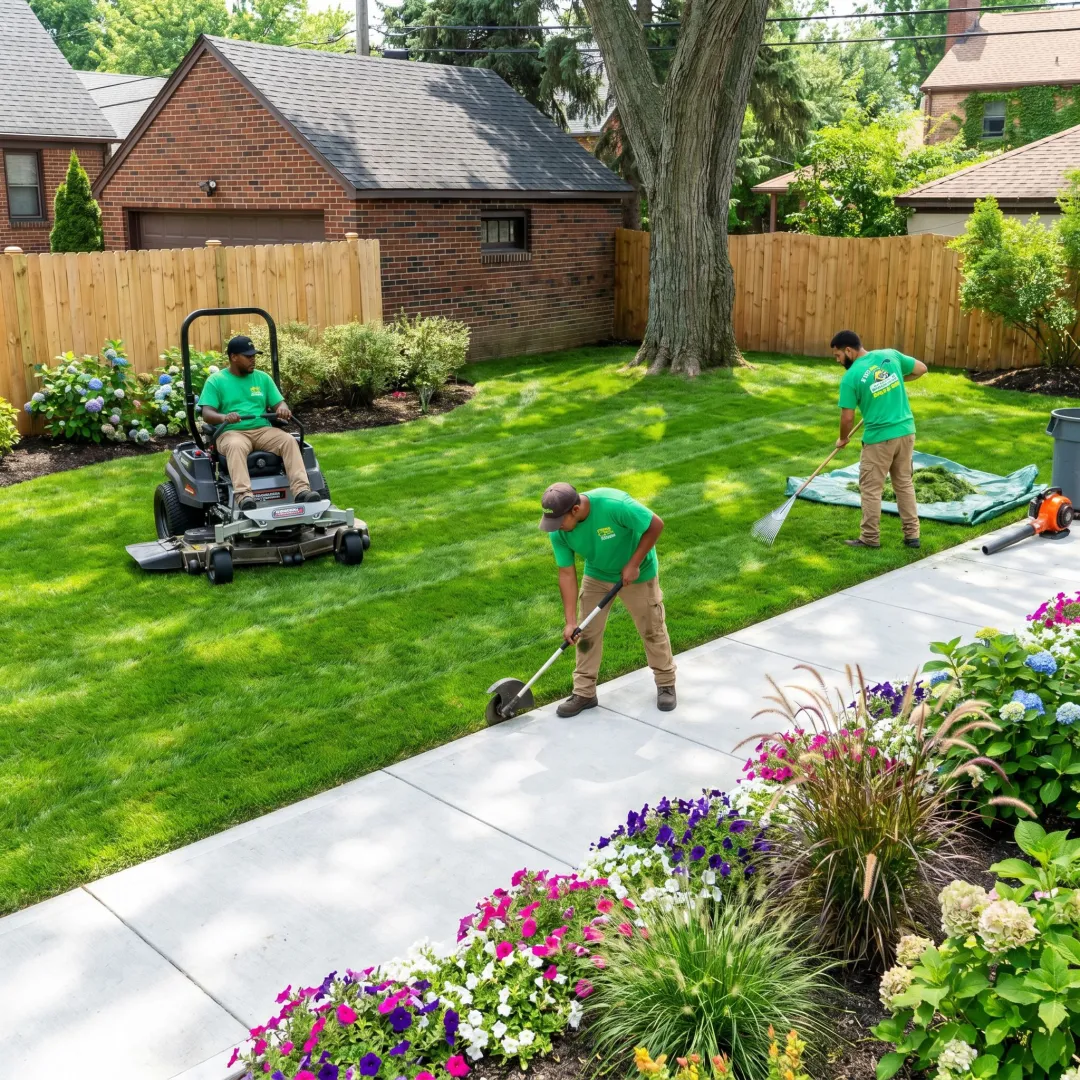 Lawn maintenance service in progress