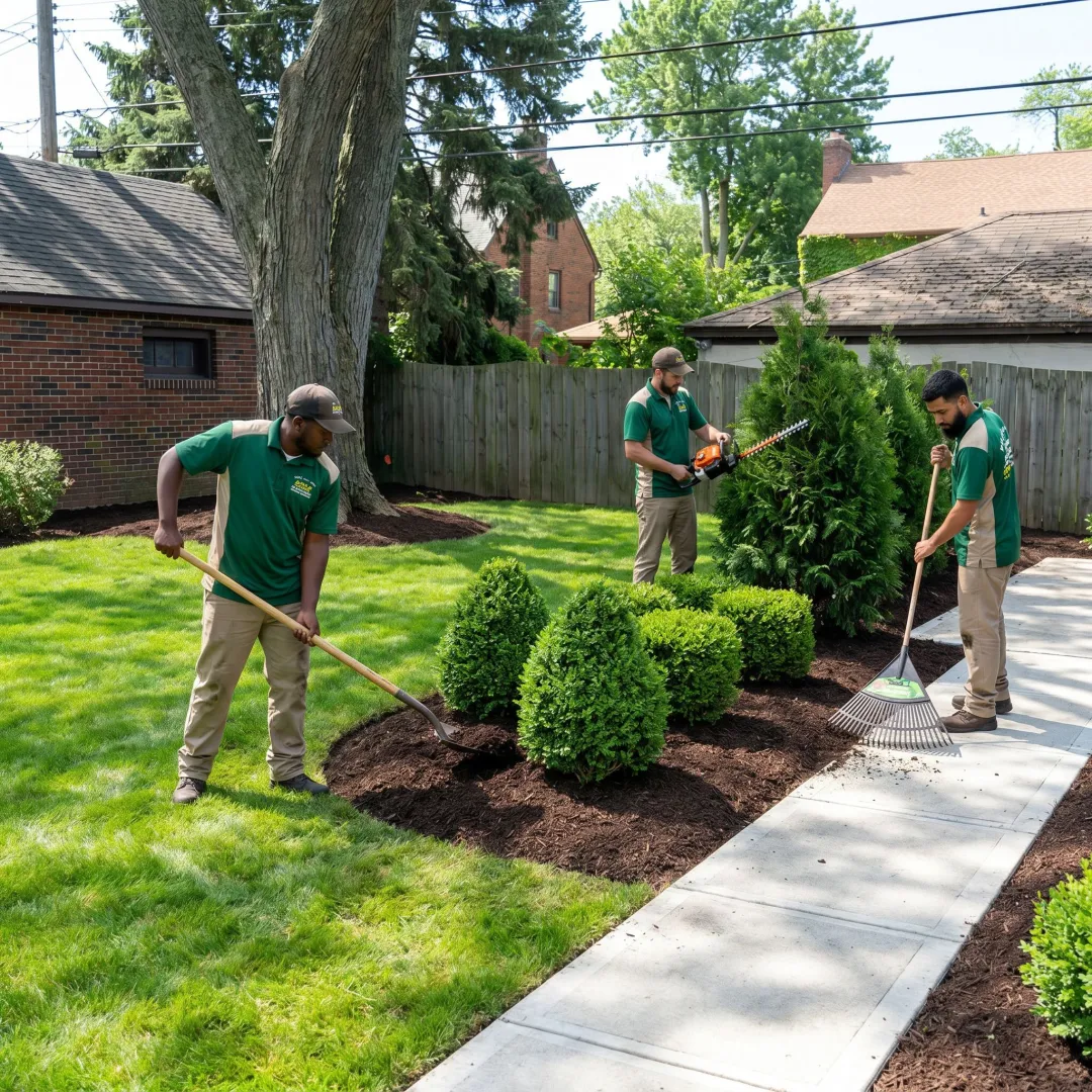 Landscaping crew improving a residential yard