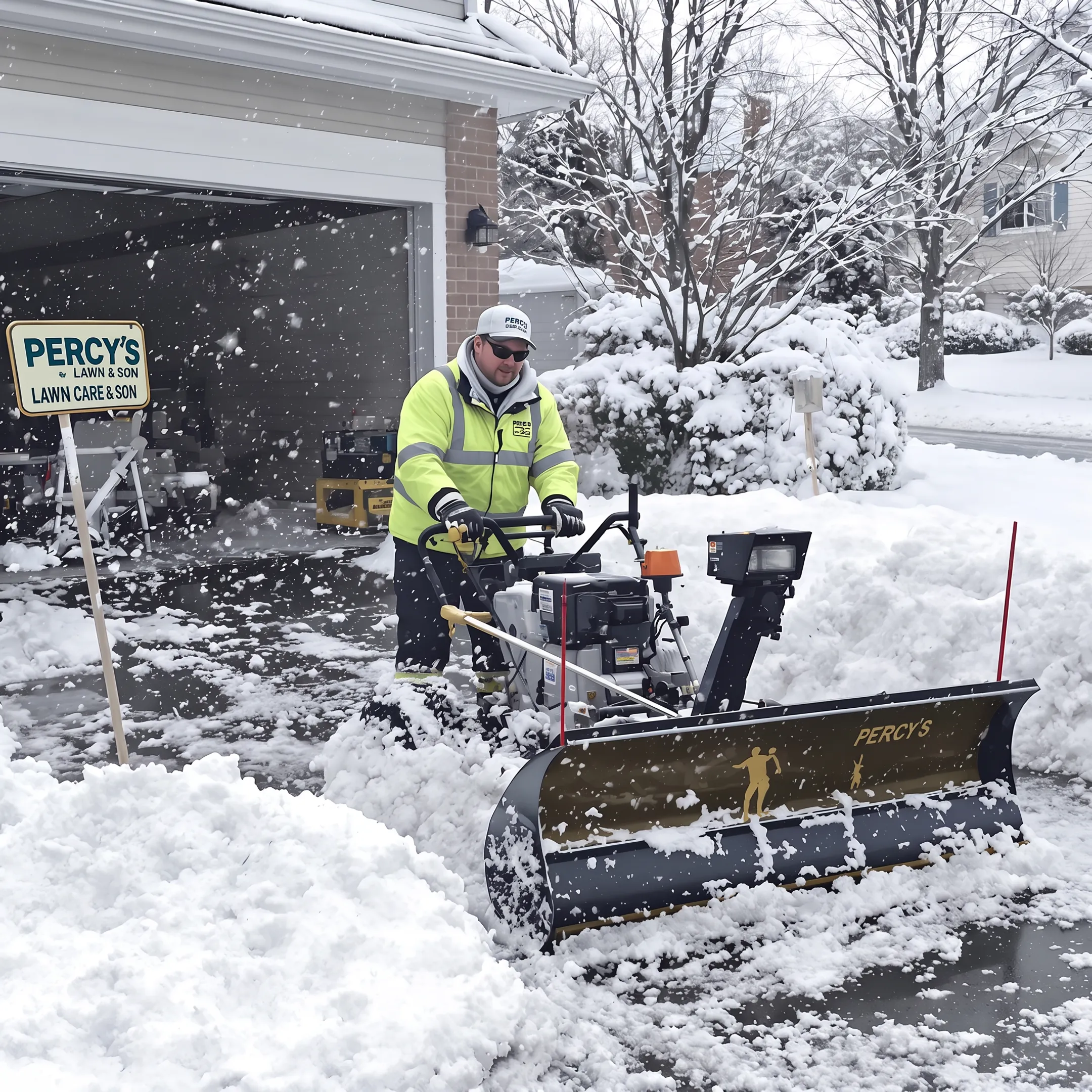 Snow removal crew clearing a residential driveway and walkway