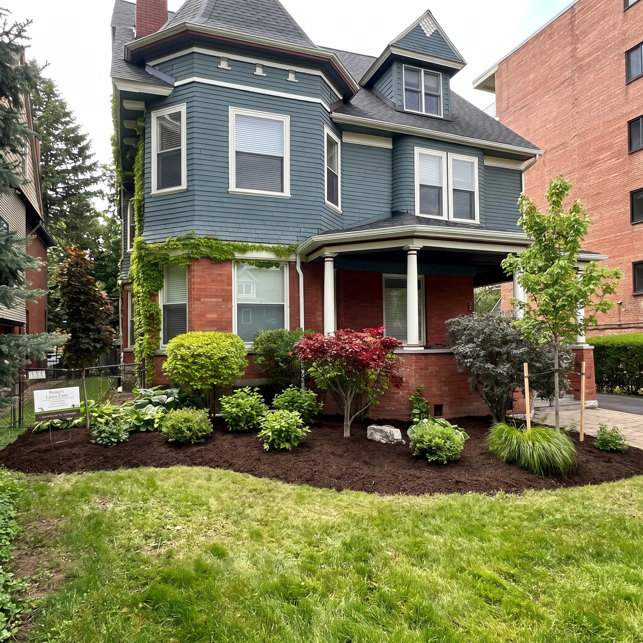 Freshly installed shrubs and flowers arranged in a landscaped garden bed