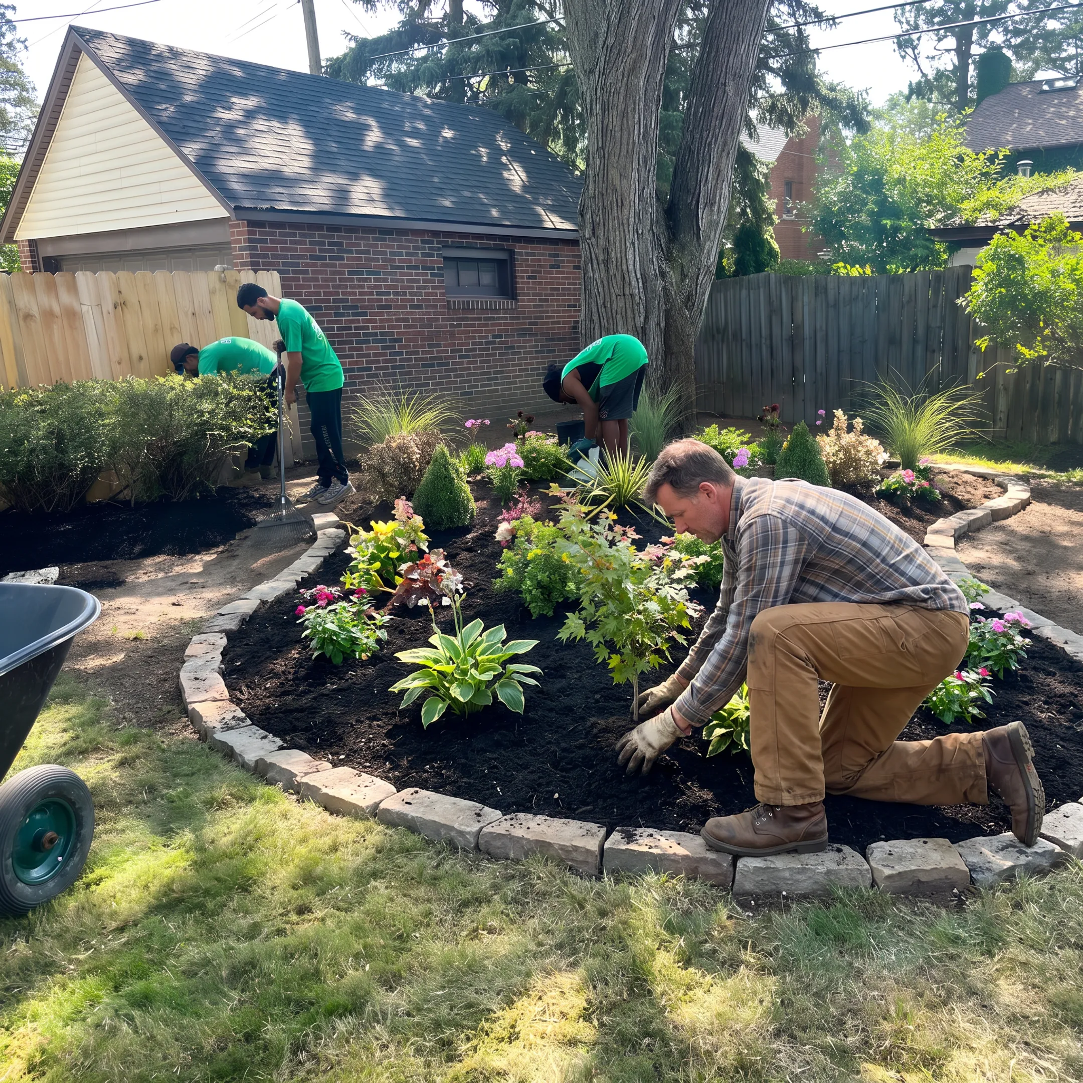 Landscaper installing flowers, shrubs, and trees in a finished garden bed