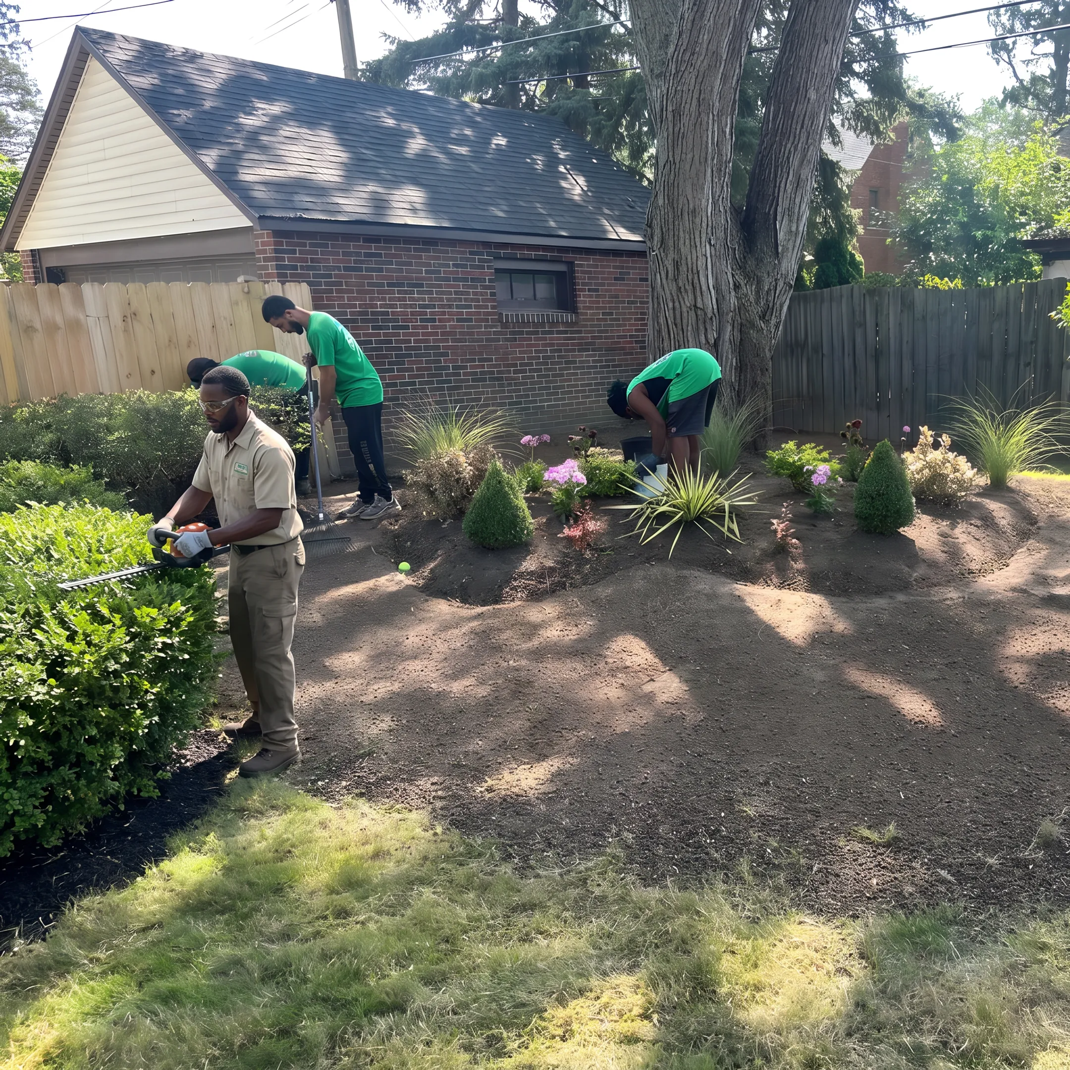 Landscaper carefully trimming a shaped hedge beside a residential property