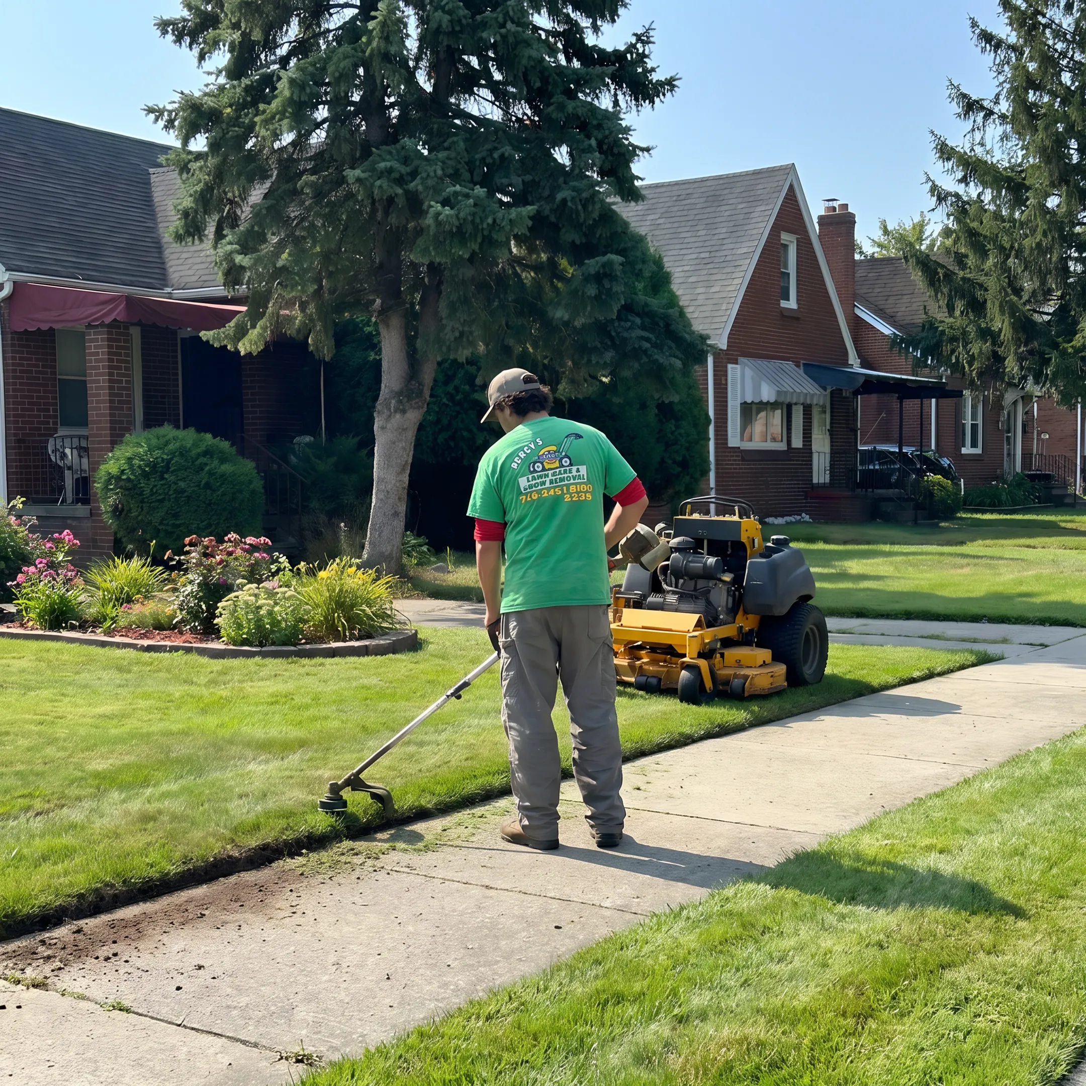 Lawn care professional mowing and edging a neatly maintained residential yard